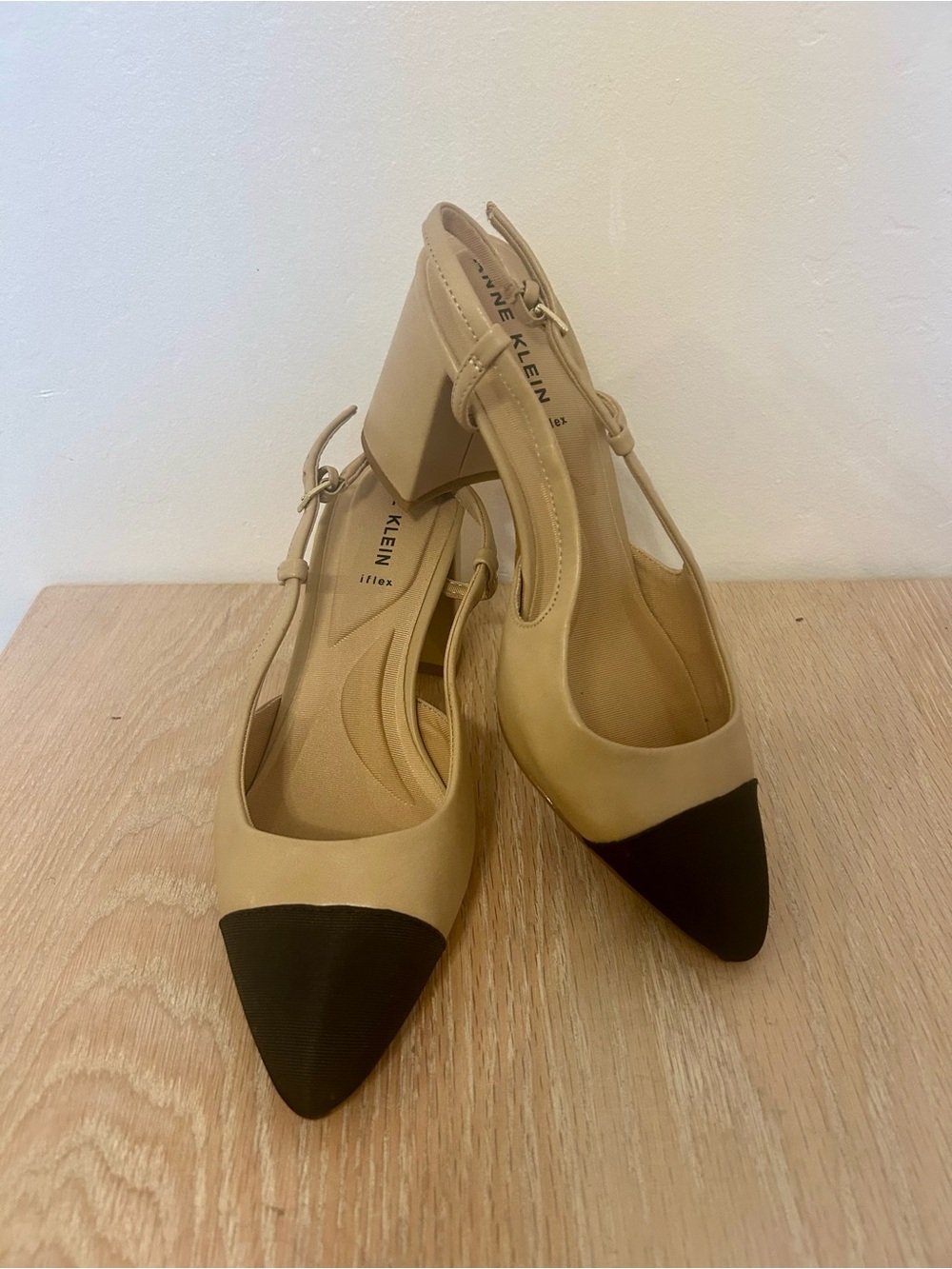 Anne Klein Two-Tone Beige and Black Pointed Slingback Heels